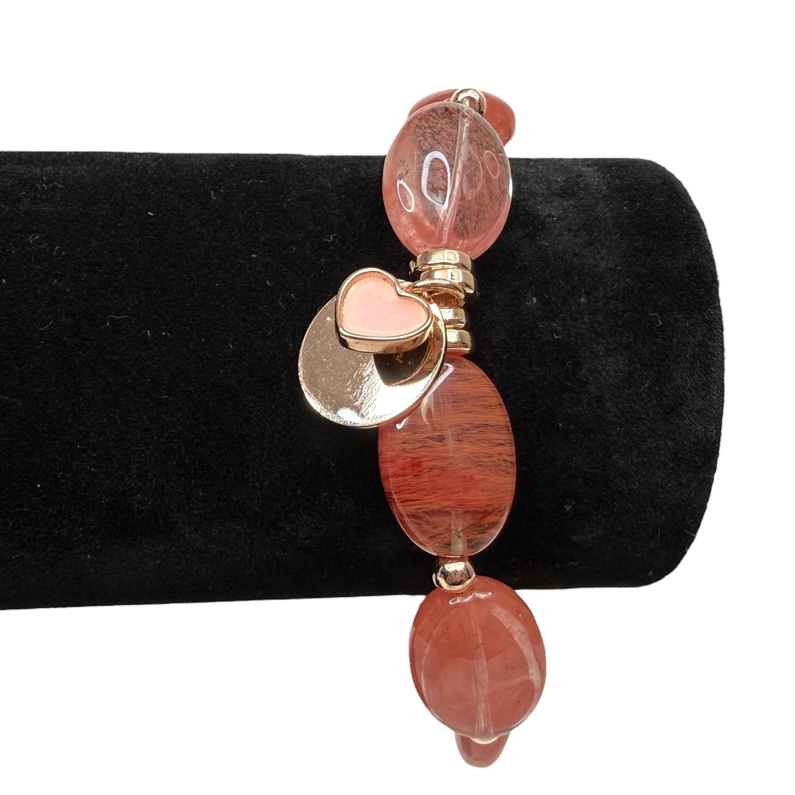 Coral Glass Beaded Charm Bracelet Pink Heart Gold Tone Stretch Band Jewelry